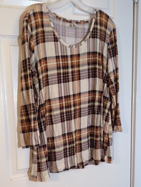 Cato Plaid Scoop Neck Tunic - Cream, Burgendy & Tan